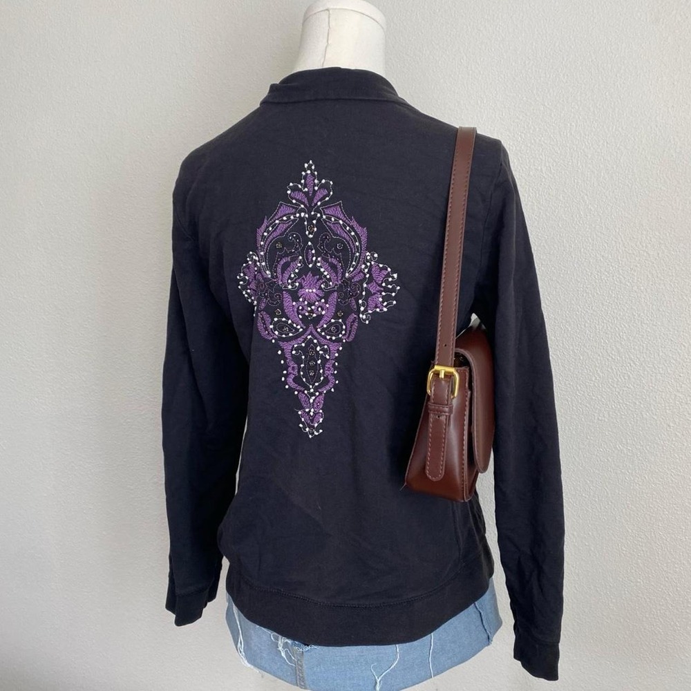 Vintage Y2K Style & Co Sport Ornate Purple Black Rhinestone Embroidered Zip Up